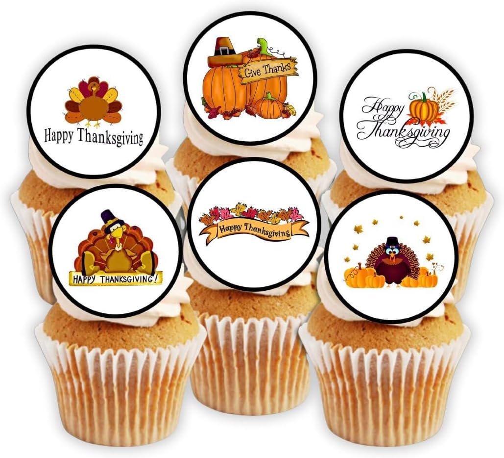 PRECUT Thanksgiving Edible Cupcake Toppers, Thanksgiving Edible Cake Decorations, Fall Party Cookie Decor, Pumpkin Cake Topper Decorations 1.5 Inch / 4cm Wafer Card Discs (12)