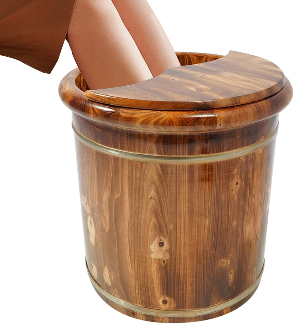 15.75in Wooden Foot Soaking Tub with Lid and Massage Beads, Deep Carbonized Solid Wood Foot Bath Bucket for Relaxation, Natural Solid Wood Foot Bath Barrel for Relaxation Natural Brown, Footbath