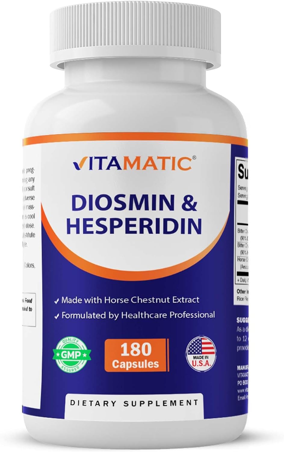 Vitamatic Diosmin Hesperidin 1000mg with Horse Chestnut Extract 100 mg – 180 Capsules – Citrus Bioflavonoids Complex – Non-GMO – Made in USA