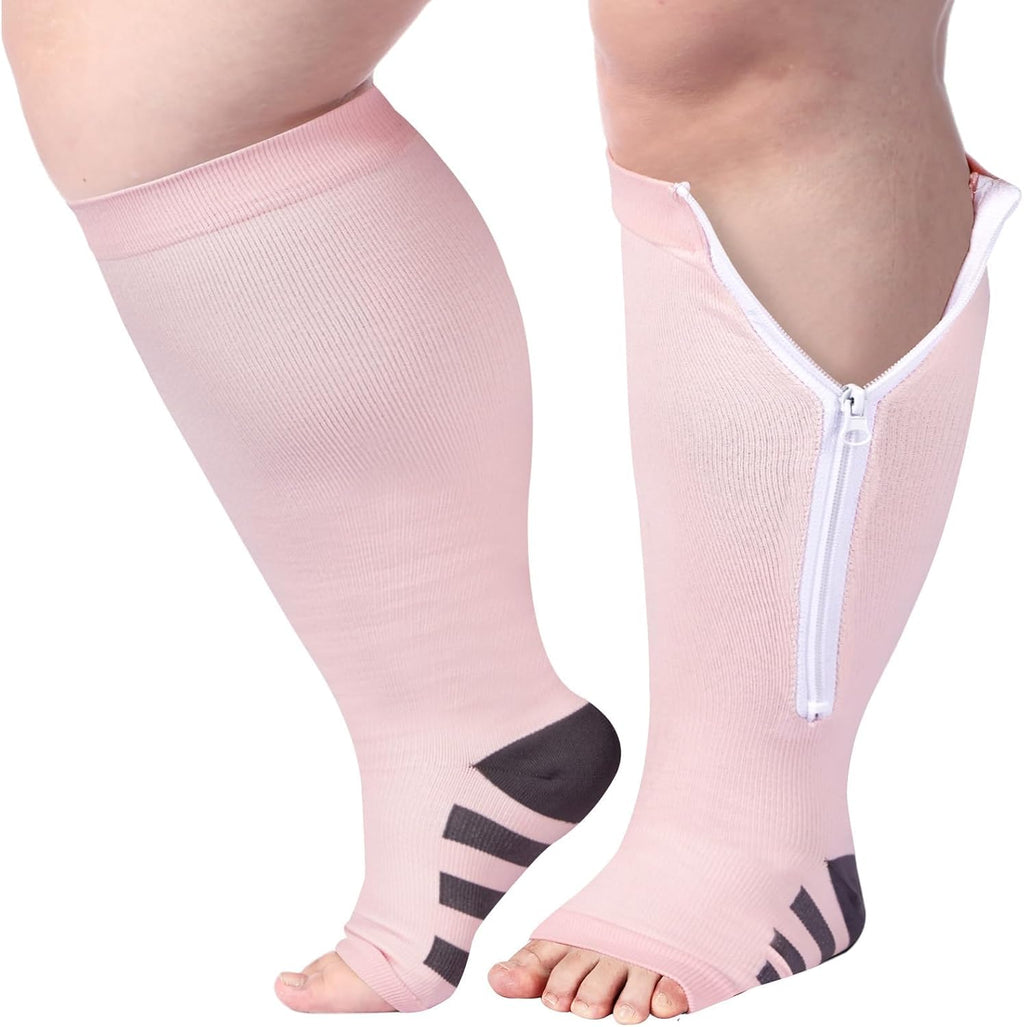 Abodhu Plus Size Compression Socks for Women Open Toe Compression 15-20mmHg Wide Calf Knee High Compression Sock Zipper