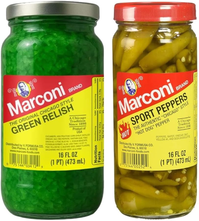 Marconi Sport Peppers & Green Relish 2 Pack | Chicago Style Hot Dog Toppings | Pickled Peppers & Relish Combo | 16 oz Each, 32 oz Total