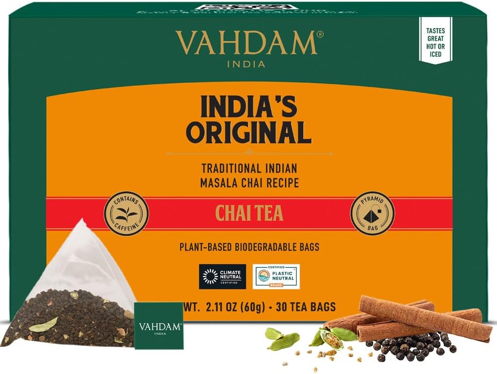 VAHDAM, India's Original Masala Chai Tea (30 Pyramid Tea Bags) Non GMO, Gluten Free, No Artificial Flavors | Blended w/Exotic Spices | Chai Tea Bags | Resealable Ziplock Pouch