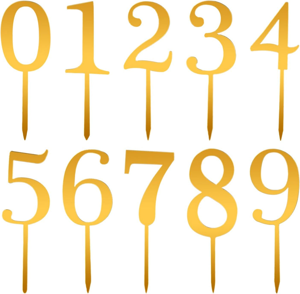 10pcs Number Cake Toppers, Acrylic 0-9 Number for Topper Gold Numbers Birthday Topper for Wedding Birthday Anniversary Celebration Decorations