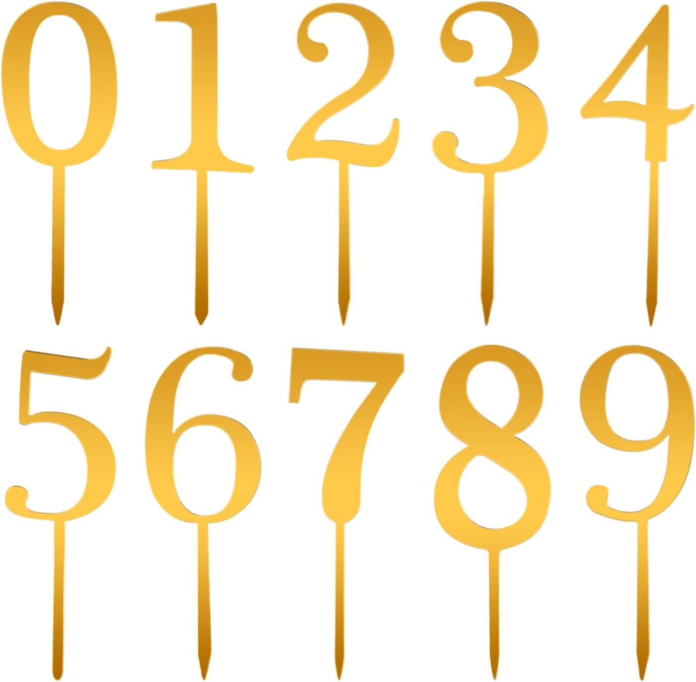10pcs Number Cake Toppers, Acrylic 0-9 Number for Topper Gold Numbers Birthday Topper for Wedding Birthday Anniversary Celebration Decorations