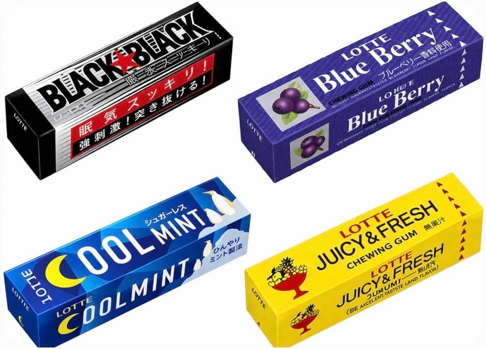 Konbini Japan - Lotte Assorted Japanese Chewing Bubble Gum Variety Pack - Black, Blue Berry, Cool Mint, Juicy Fresh (Pack of 4)
