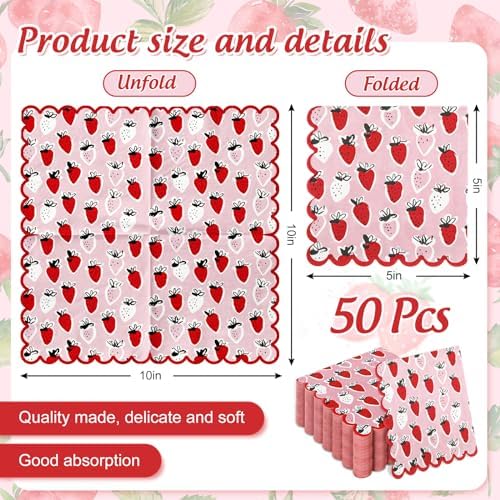 50Pcs Strawberry Paper Napkins Pink Red Summer Fruit Scalloped Disposable Napkin Sweet Decorative Luncheon Dinner Table Napkins for Birthday Baby Shower Wedding Party Supplies