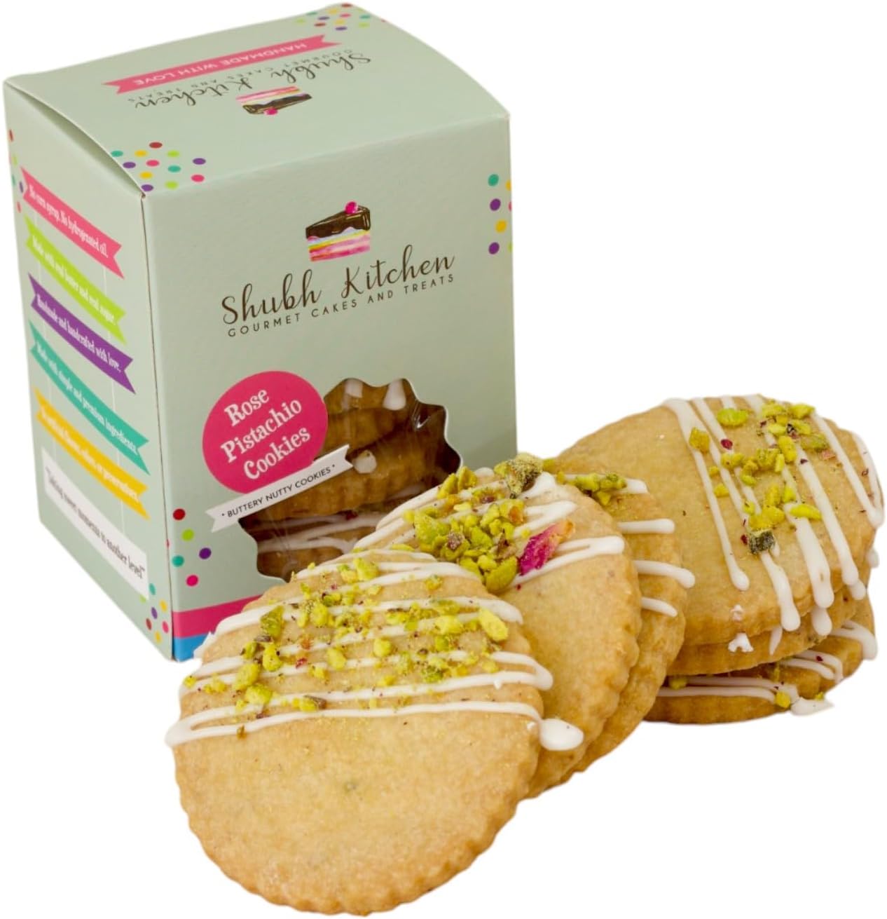 Rose Pistachio Cookies- Gourmet Indian Cookies, 100% Egg-Free & Vegetarian, Handmade with Real Butter & Pistachios, No Preservatives, Authentic Flavor, 6 oz Pack