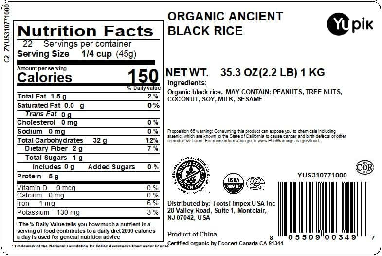 Yupik Organic Ancient Black Rice, 2.2 lb (35.2 oz), USDA certified, Kosher, Gluten-free, Whole Grain, Ideal for Cooking, Side Dishes, and Salads