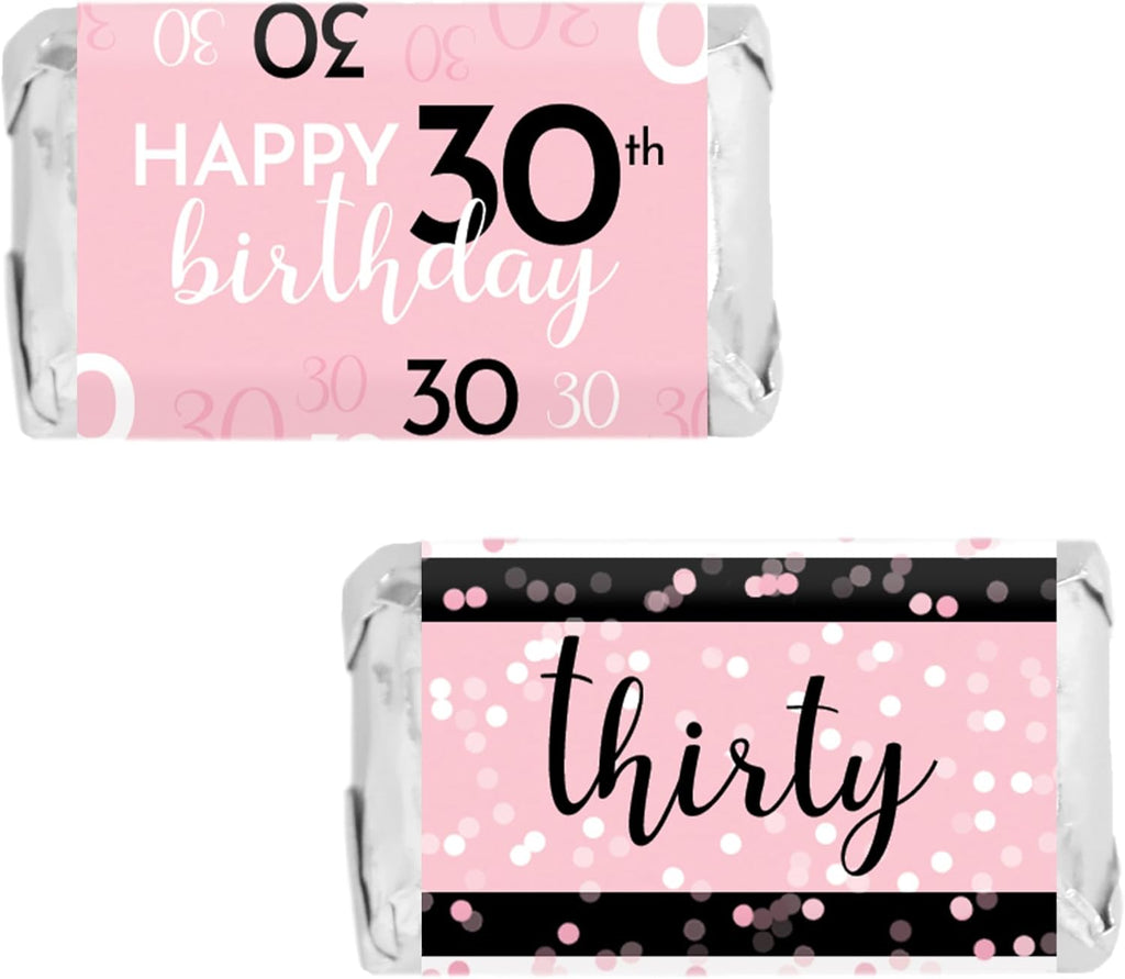 DISTINCTIVS Pink, Black, and White 30th Birthday Party Mini Candy Bar Wrappers - 42 Count
