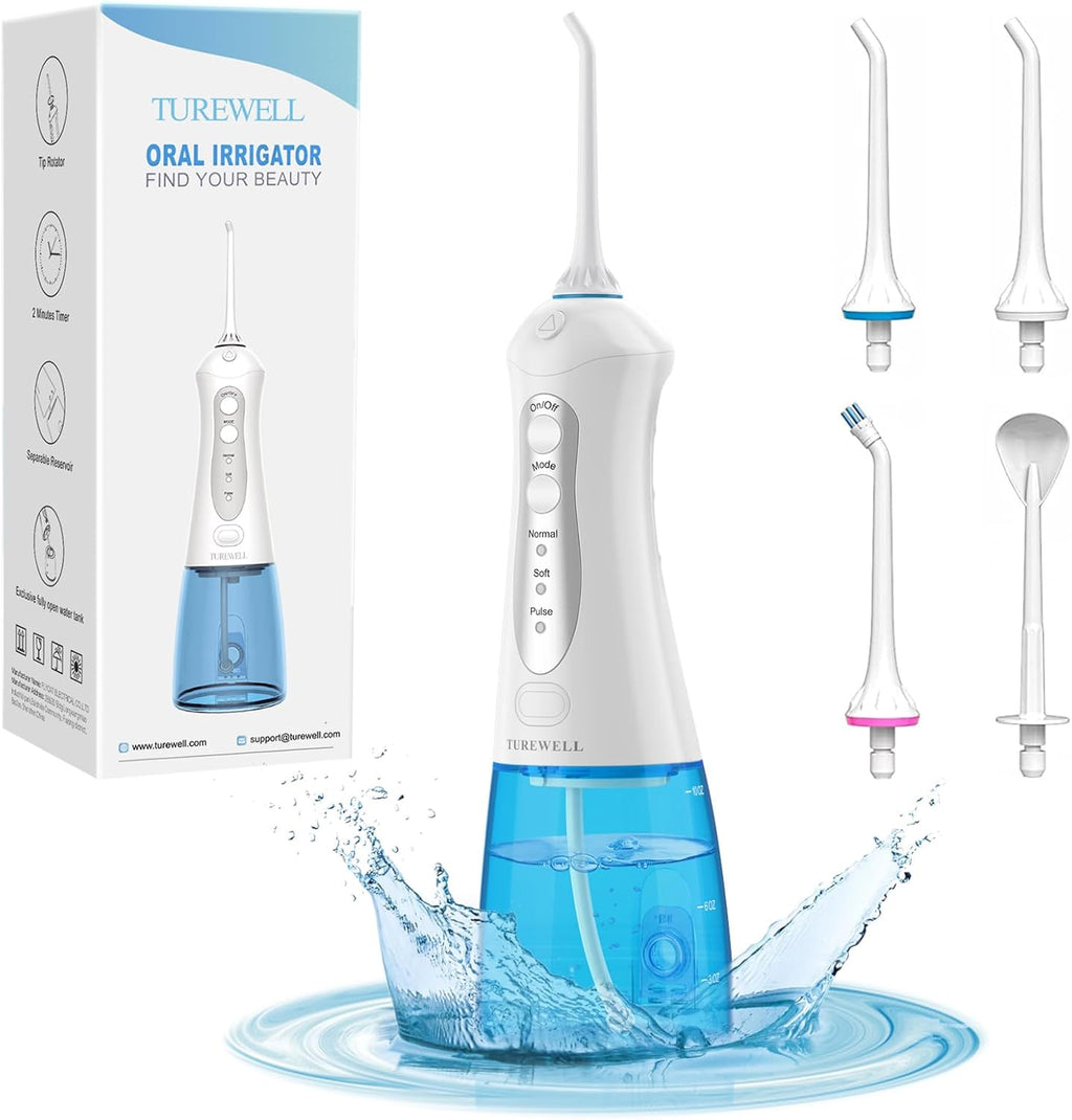 Water Dental Flosser Cordless, Portable and Rechargeable Water Teeth Pick with 3 Modes 4 Jet Tips, 300 ML IPX7 Waterproof Dental Flosser