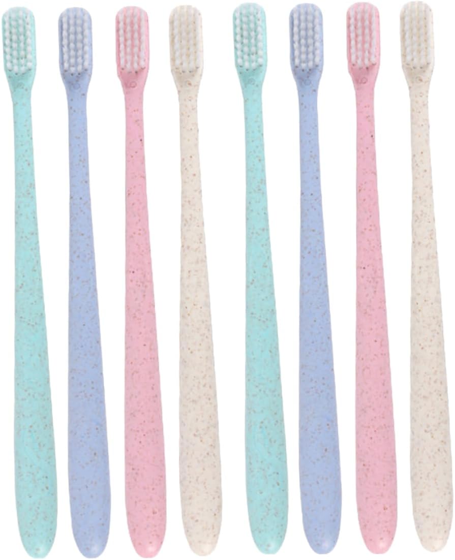 FRCOLOR 8pcs Wheat Straw Toothbrush Travel Set Caps Soft Bristle Portable Toothbrushes for Camping School and Work Use