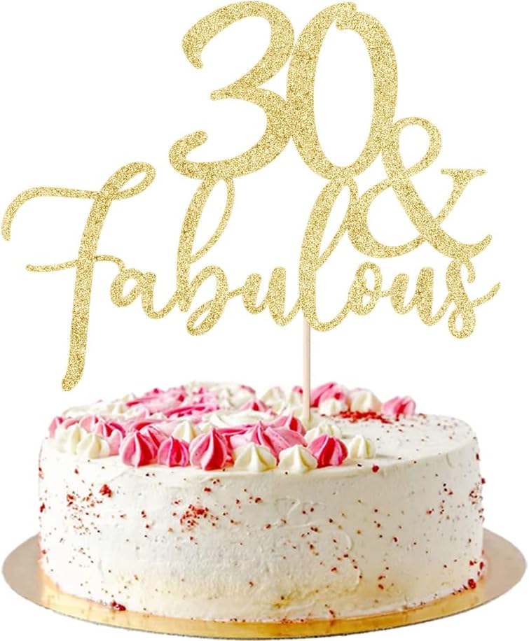 Gold Glitter 30 & Fabulous Cake Topper, Cake Topper 30th Birthday, 30 Anniversary Birthday Cake Decorations Supplies (30)