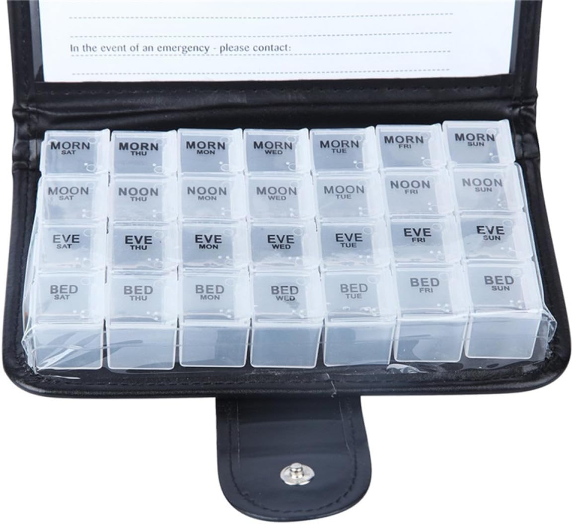 Weekly 28-Compartment Pill Organizer Box with Portable Large Capacity Storage, Travel Daily Medicine Case with Sturdy Pu Leather Cover for Home and Outdoor Use