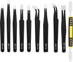 Precision Tweezers Set 10 Piece, ESD Safe Anti-Static Stainless Steel Kit with Case & Pry Tool for Electronics Repair, PCB Soldering, Jewelry Making, Watch Repair, Lab and Craft Work