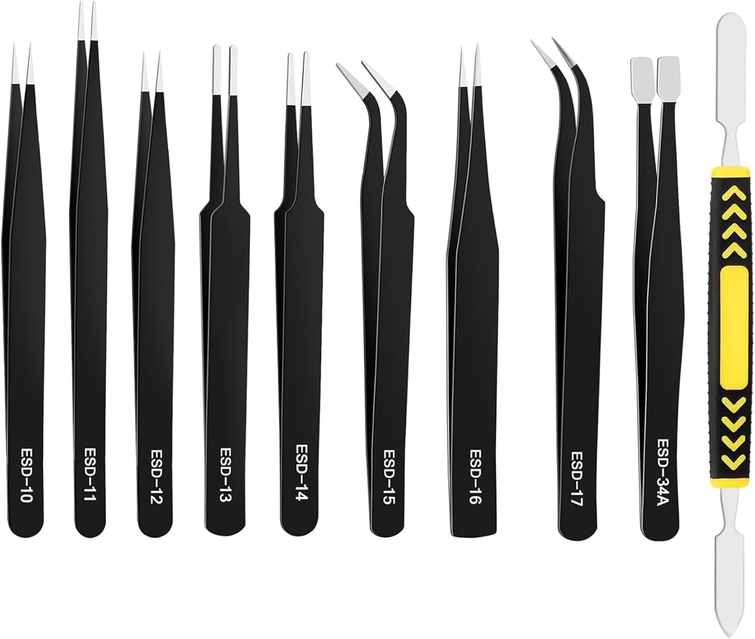 Precision Tweezers Set 10 Piece, ESD Safe Anti-Static Stainless Steel Kit with Case & Pry Tool for Electronics Repair, PCB Soldering, Jewelry Making, Watch Repair, Lab and Craft Work