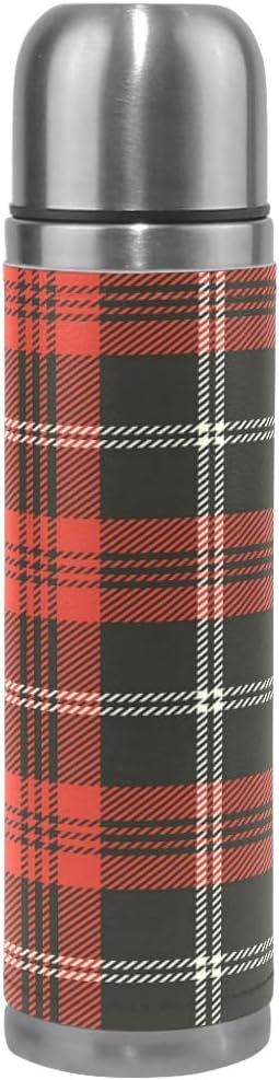 Red Black Plaid Vacuum Thermos Christmas Tartan Check Insulated Water Bottle Stainless Steel Double Wall Flask Bottles, Sports Coffee Travel Mug Cup Genuine Leather Cover BPA Free 17 Oz