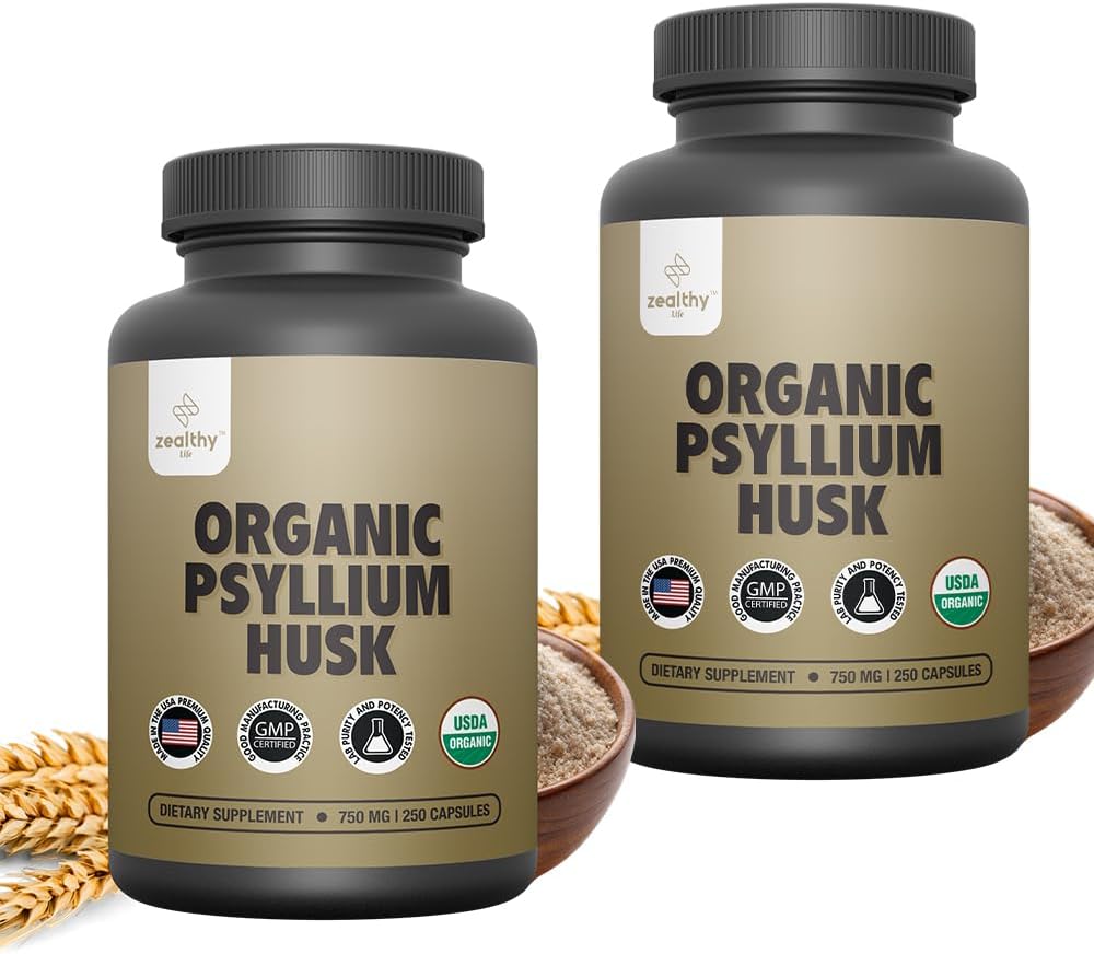 Organic Psyllium Husk Capsules 750 mg, Natural Fiber Supplement for Gut Health* - Alternative to Psyllium Husk Powder, Zealthy Life, 250 Capsules - Pack of 2