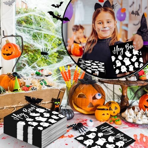 Frienda 60 Pcs Halloween Paper Napkins Hey Boo Disposable Luncheon Napkins Spooky White Ghost Guest Towels Decorative Dessert Paper Hand Towels for Halloween Home Table Party Supplies, 6.5 x 6.5 Inch