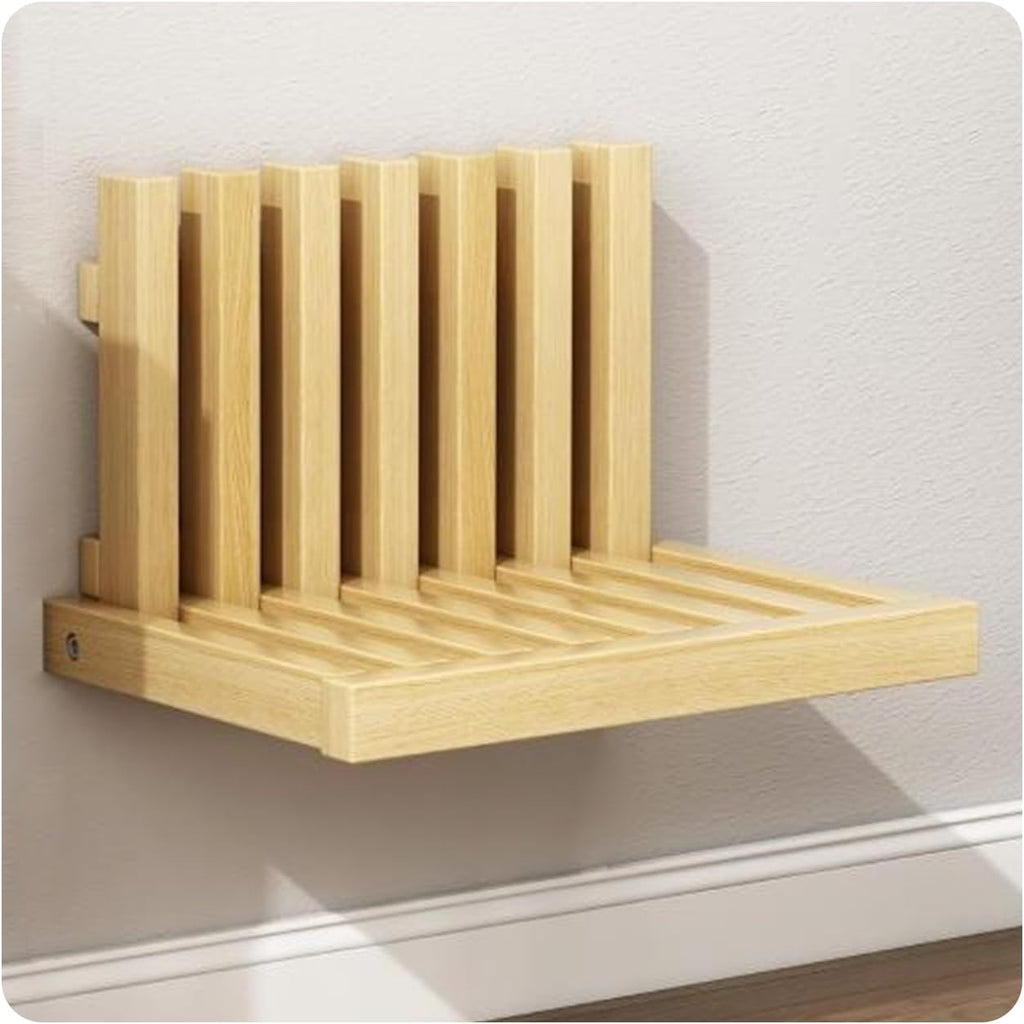 OLizee® Wall-Mounted Folding Stool Shower Seat Bench Entryway Stool Chair Wood Porch Chair Solid Invisible Shoe Changing Stool for Kids Adults Maximum Load 150lb Wood Color