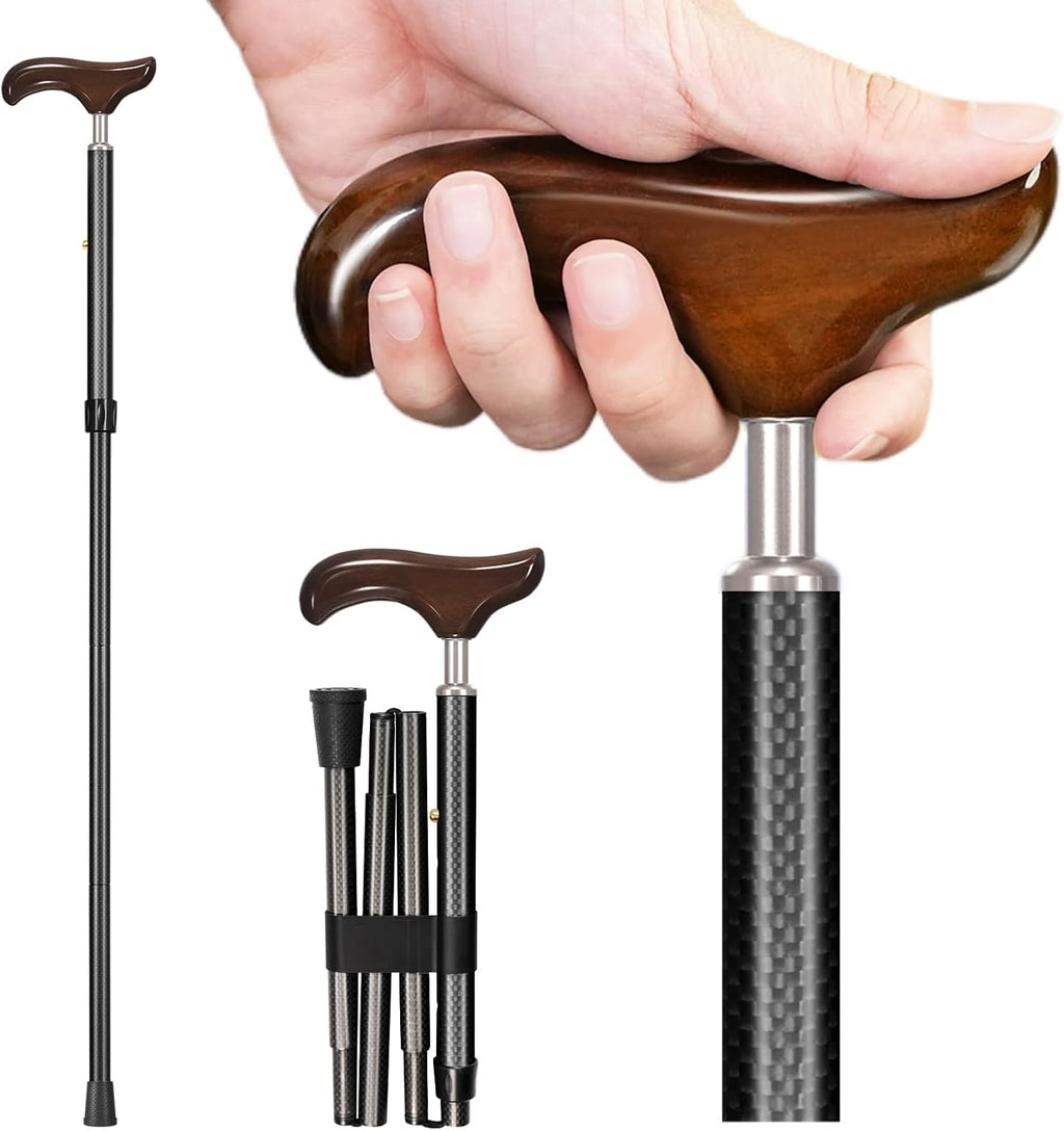 Wooden Handle Walking Cane - Carbon Fiber, Foldable and Adjustable, for Men and Women, Elderly and Seniors
