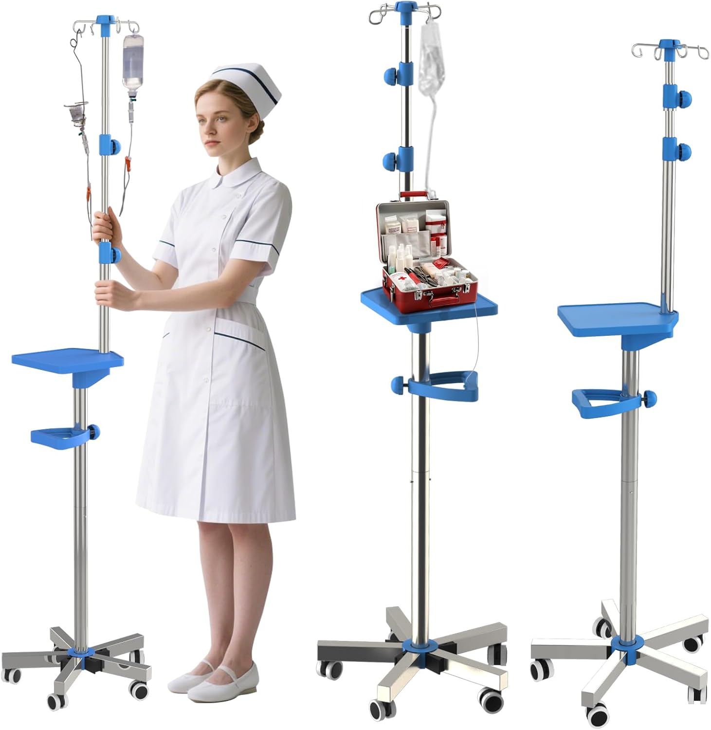 IV Pole on Wheels, 52.3“ to 70.8” Height Adjustable, Infusion Holder with 4 Hooks and Tray, IV Pole Holder for Hospital, Home and Outdoor, 2-Pack