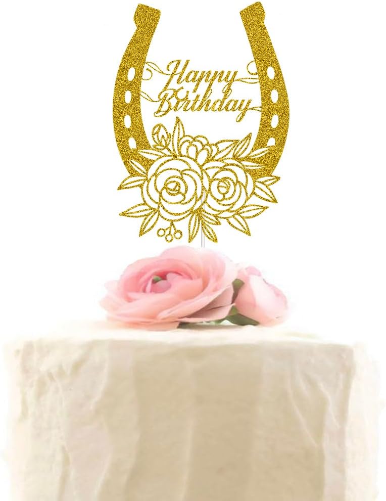 Horseshoe Happy Birthday Cake Topper, Western Theme Cake Topper, Racing Horse, Mexican Birthday Party Decor, Gold Glitter