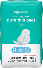 Amazon Basics Ultra Thin Pads with Flexi-Wings for Periods, Extra Long Length, Super Absorbency, Leak Protection, Unscented, Size 3, 28 Count