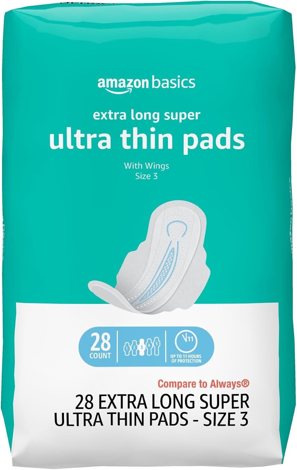 Amazon Basics Ultra Thin Pads with Flexi-Wings for Periods, Extra Long Length, Super Absorbency, Leak Protection, Unscented, Size 3, 28 Count