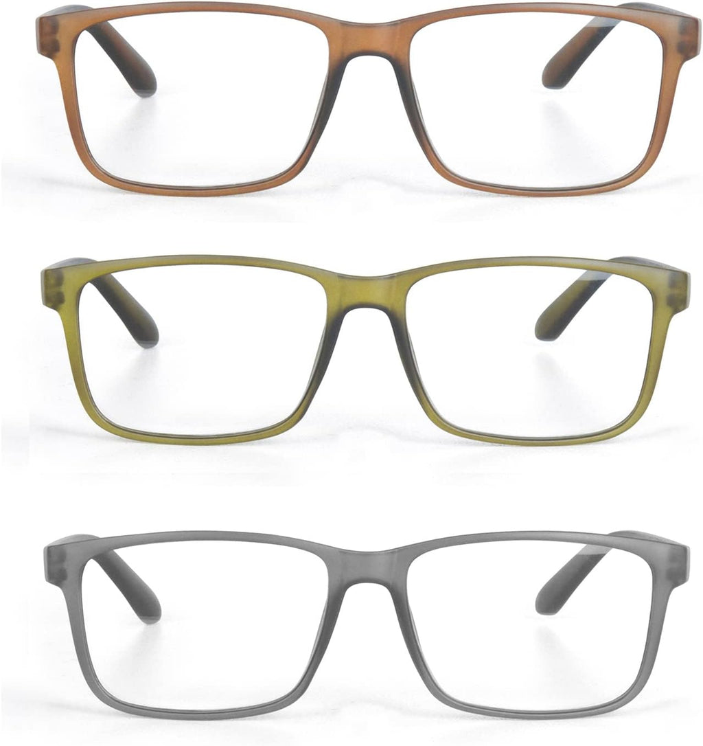 3 Pack Plastic Frame Classic Rectangular Style Reading Glasses for Men and Women, Brown, Green and Grey