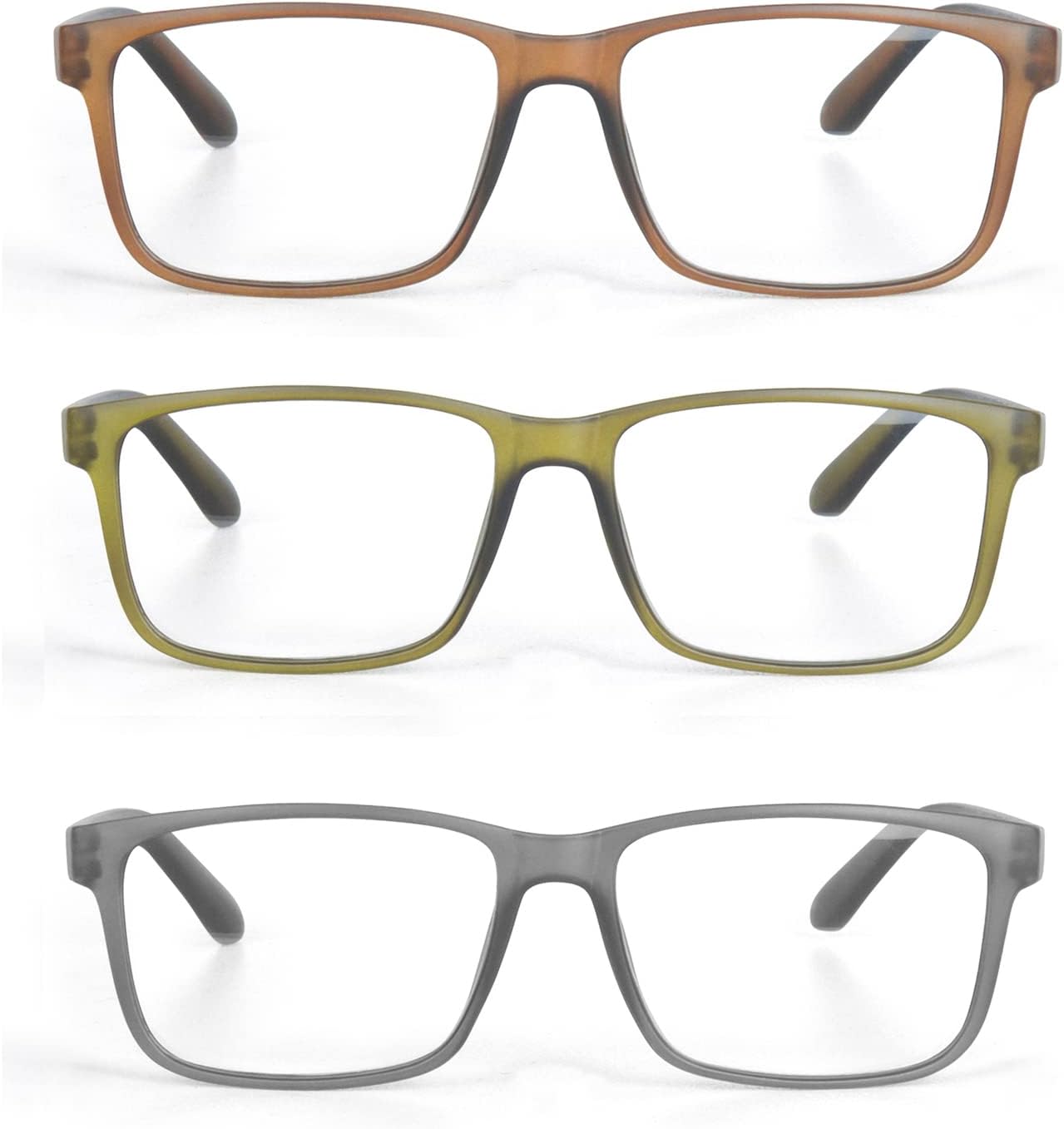 3 Pack Plastic Frame Classic Rectangular Style Reading Glasses for Men and Women, Brown, Green and Grey
