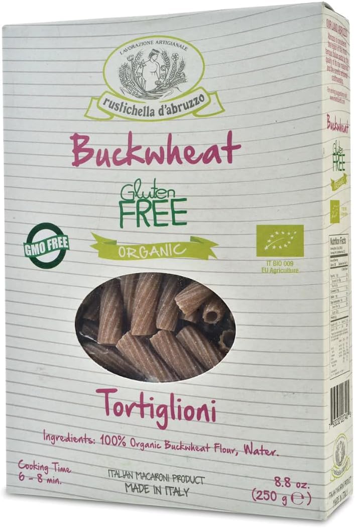 Rustichella d'Abruzzo Organic Buckwheat Tortiglioni, Grano Saraceno, Gluten-Free Pasta with Distinct Flavor, Artisan from Italy, 8.8 oz