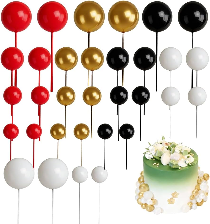 32 Pcs Balls Cake Topper Decorations, Balloon Cupcake Toppers, Cake Balls Decorations for Birthday Wedding Anniversary Party Supplies (Black, Red, Gold)