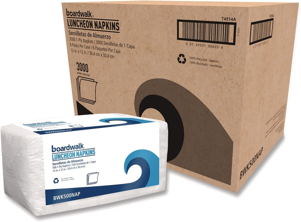 Boardwalk 1-Ply White Disposable Napkins, 6 Packs of 500, 3000 Total, 12" x 12, Quarter-Folded, Absorbent Textured Paper, Made in the USA