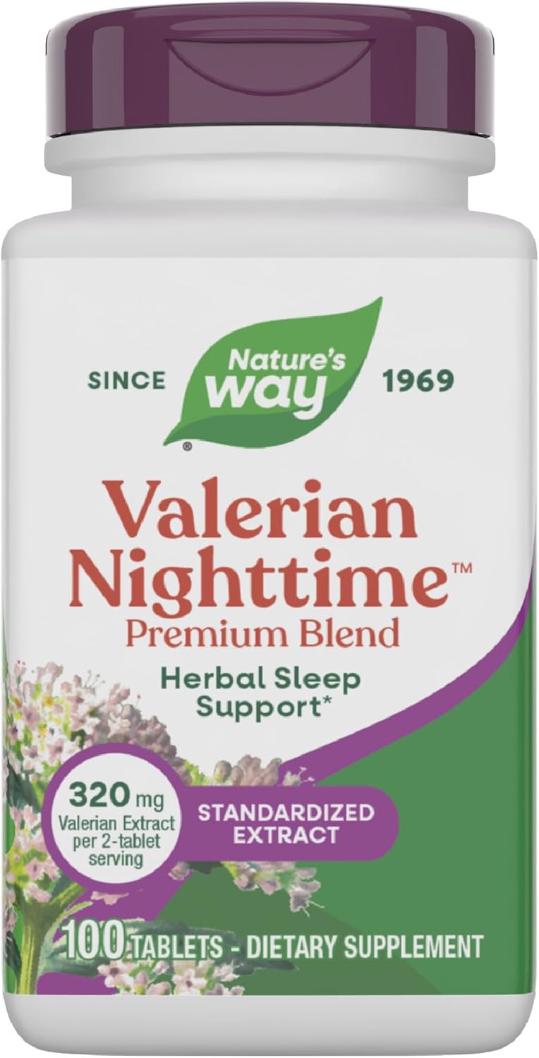 Nature's Way Valerian Nighttime Premium Blend, Herbal Sleep Support Supplements*, 320 mg of Valerian Extract per 2-Tablet Serving, Gluten-Free, 100 Tablets (Packaging May Vary)