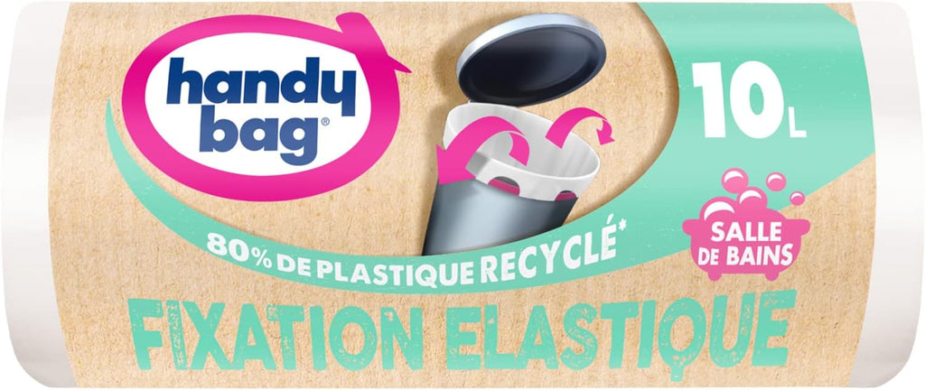 HANDY BAG 15 Rolls of 10 Litre Bathroom Bin Liners, 80% Recycled Plastic, Elastic Fastener, Suitable for Small Bins, 40 x 40 cm