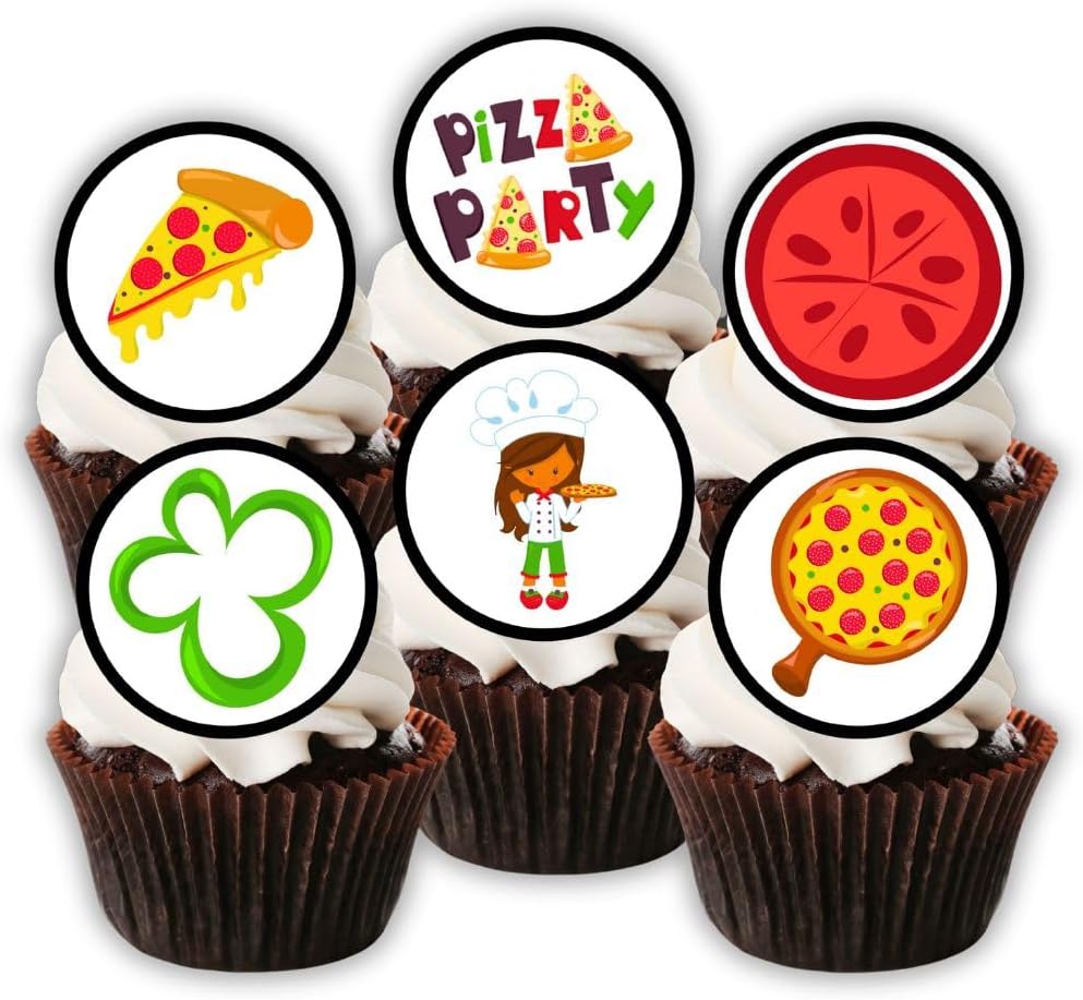 Pizza Party Edible Cupcake Toppers, Movie Night Cake Decorations, Birthday Party Cake Decorations, Pizza Night Cookie Toppers, 24 x 4cm / 1.5 Inch Wafer Card Discs