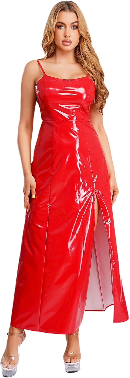 Womens Sexy Shiny Leather Maxi Dress Wet Look Latex Side Slit Long Sling Dress Club Party Outfits