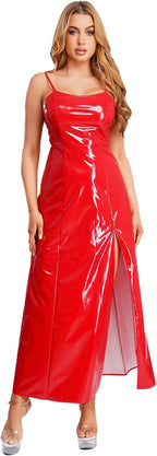 Womens Sexy Shiny Leather Maxi Dress Wet Look Latex Side Slit Long Sling Dress Club Party Outfits