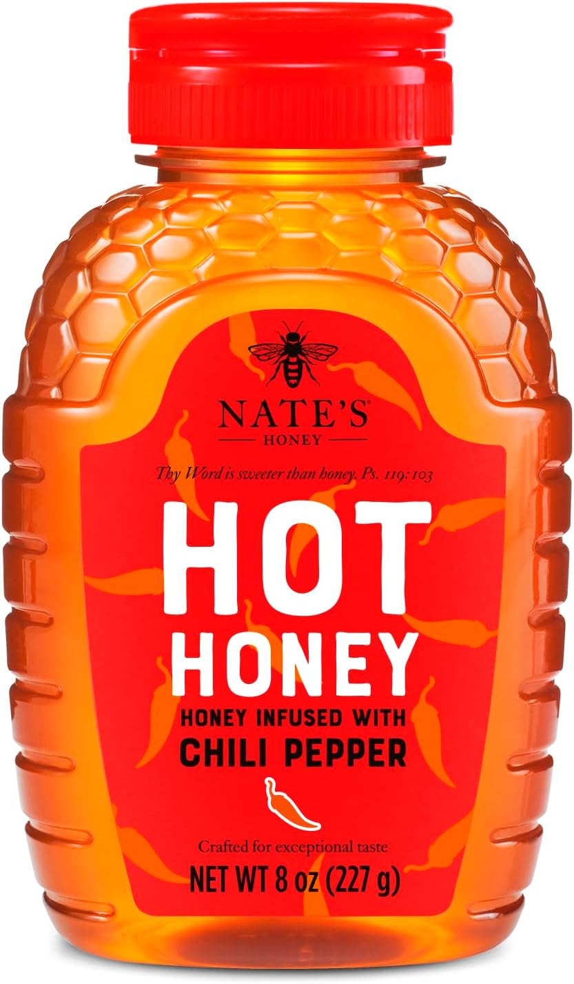 Nate's Hot Honey - 100% Pure Honey Infused with Habanero Chili Pepper Flakes, Award-winning Taste - 8 oz Squeeze Bottle