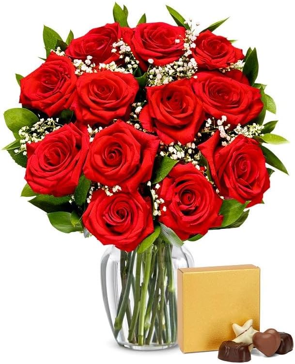 From You Flowers - One Dozen Red Roses with Chocolates with Glass Vase | Fresh Flower Bouquets for Birthday, Anniversary, Get Well or Celebration