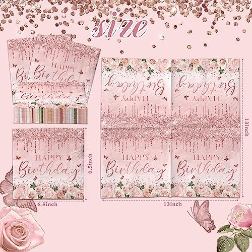 Pink Rose Gold Party Supplies - 40Pcs Flower Birthday Napkins Disposable Rose Gold Foil Paper Napkins Happy Birthday Theme Party Decoration for Women 50th 60th,Girl Birthday