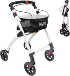 KMINA Narrow Walker for Small Spaces, Foldable Walker with Tray and Basket, 4 Wheels and Brakes, Lightweight Indoor Rollator for Seniors, Black, PRO Model