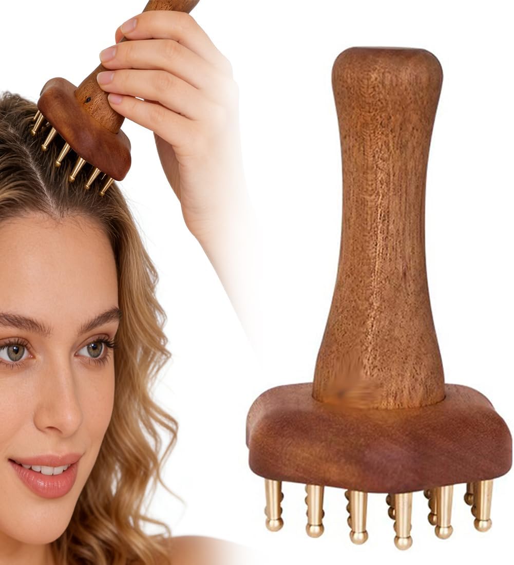24teeth Copper Head Massage Comb for Body and Scalp Meridian Point Massager Brush for Body and Scalp Relief Body Massage Brush for Cellulite Remover Chinese SPA Gua Sha Tool Wooden Handle