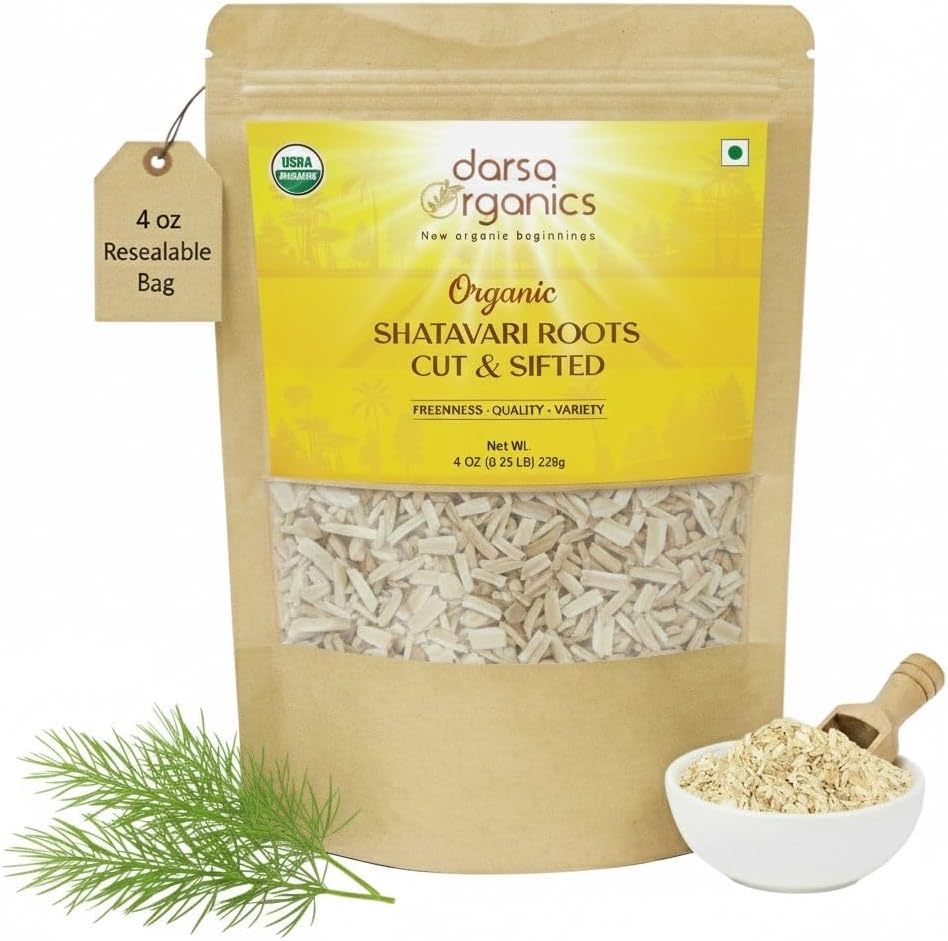 Shatavari Root 4 oz - Premium Cut and Sifted Organic Shatavari from India, Dried Asparagus Racemosus for Herbal Tea and Tinctures, USDA Certified, Non-GMO, Gluten Free, Resealable Pouch