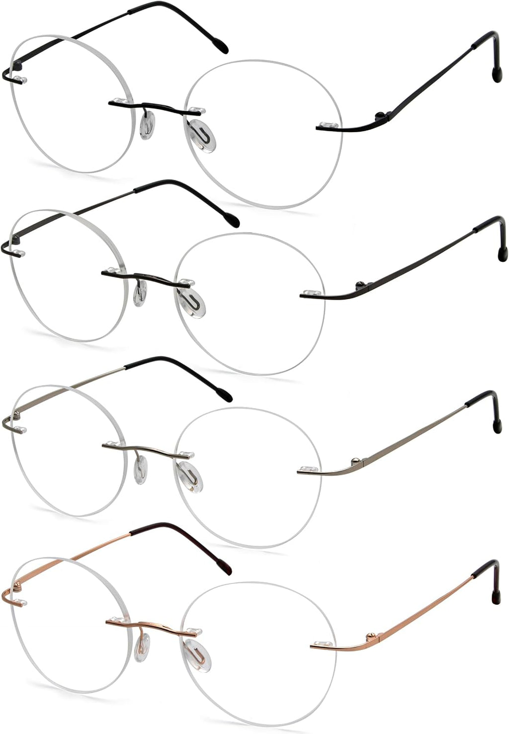 Eyekepper 4-Pack Round Rimless Metal Reading Glasses Women Men - Circle Frameless Readers Black/Gunmetal/Sliver/Gold +0.00