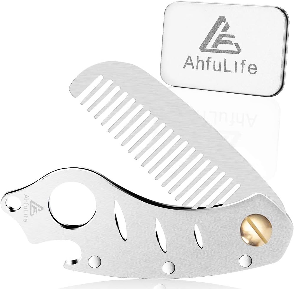 AhfuLife Stainless Steel Metal Hair & Beard Comb, Multifunctional Folding EDC Pocket Comb With Bottle Opener Fits In Keychain - Anti-Static Hair & Beard Care Comb Mustache Comb - Presented in Gift Box