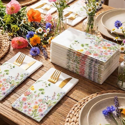 100 Count Linen Feel Wildflower Napkins Spring Flower Disposable Cloth Like Napkins Prefolded Floral Hand Towel with Built-in Flatware Pocket Cocktail Napkin for Wedding Baby Shower Supplies