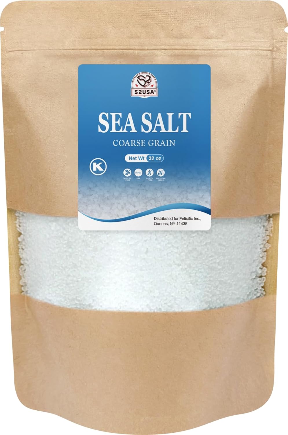 52USA Sea Salt, 2lb - 32oz (1 Pack), Coarse Grain, Salt Grinder Refill, Perfect Coarse Sea Salt For Cooking, All Natural Sea Salt