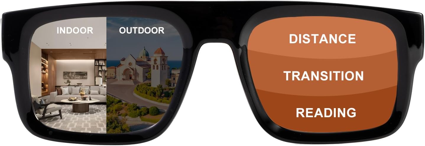 Oversized Progressive Reading Glasses, Photochromic Multifocal Readers for Men & Women with Spring Hinge