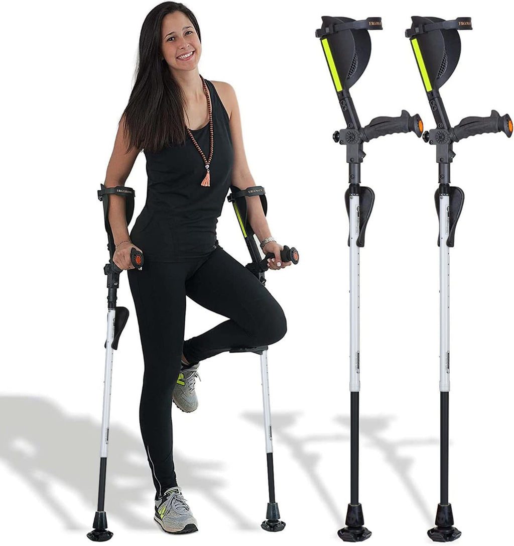 Ergobaum 7G Panda by Ergoactives-1 Pair (2 units) of Ergonomic Forearm Crutches with Non-Slip Ergocap,Shock Absorption,Foldable Design, LED Light, Knee Rest| Adult Adjustable 5’–6’6” (White And Black)